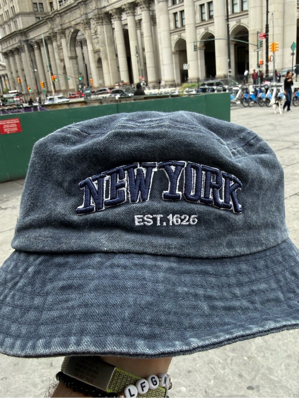 NWT New York Embroidered Denim Bucket Hat - Blue